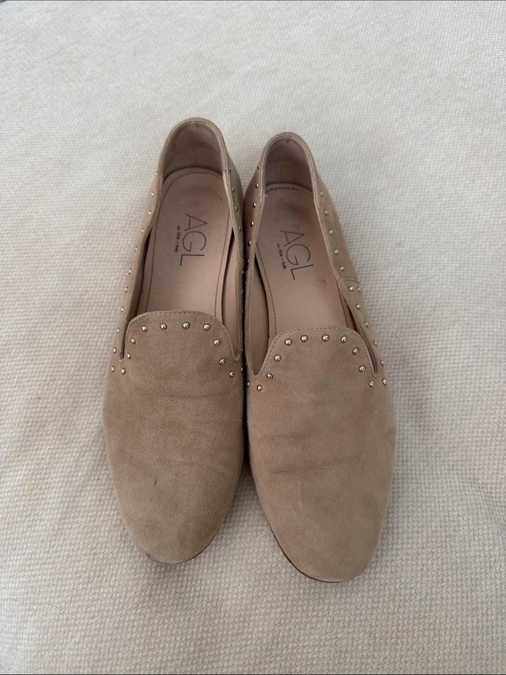 AGL Taupe Suede Studded Slip-On Loafers